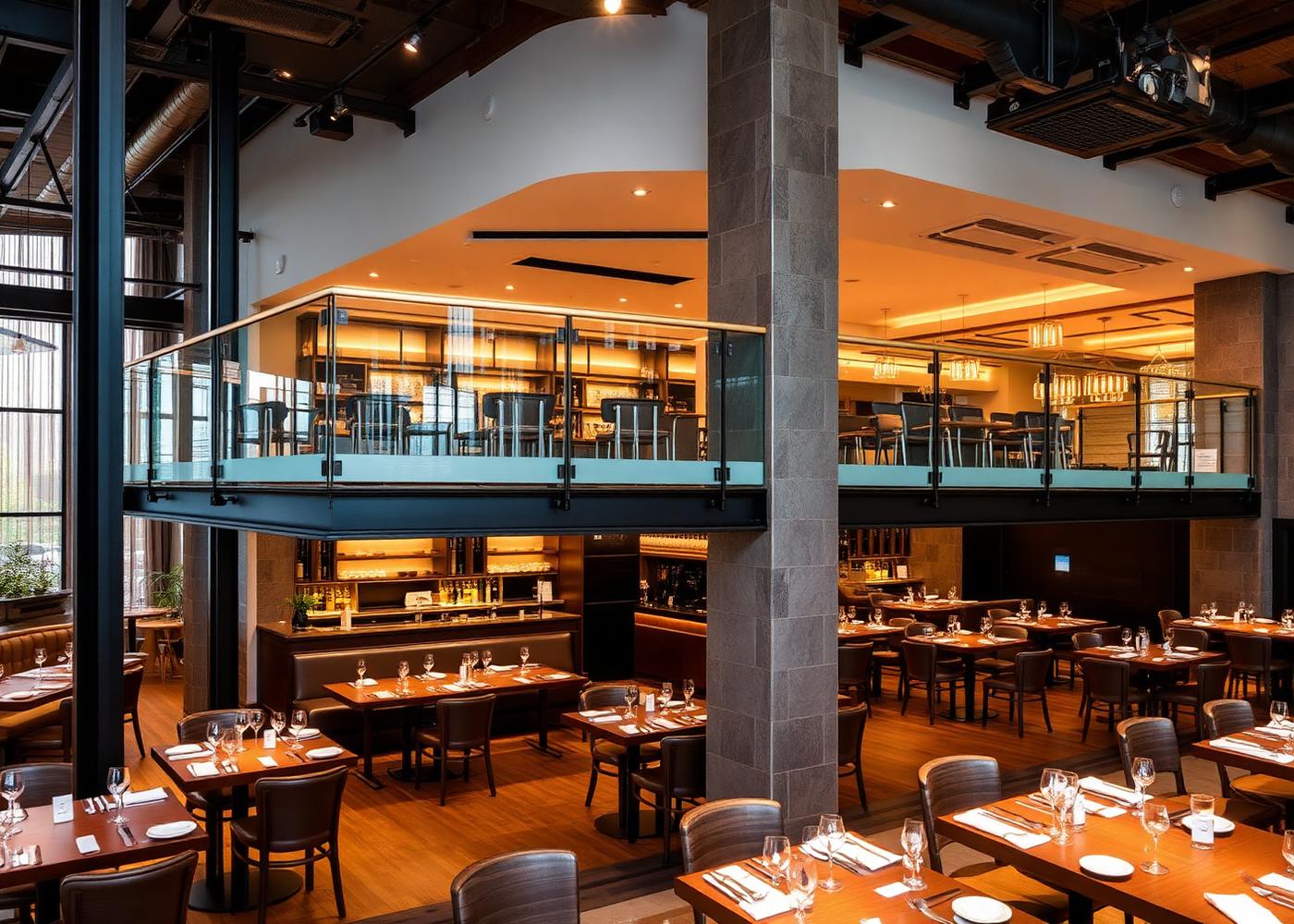 Barandal de vidrio en mezzanine de restaurante