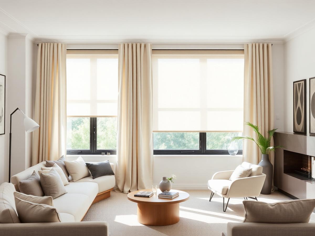 Cortinas y persianas modernas en sala iluminada