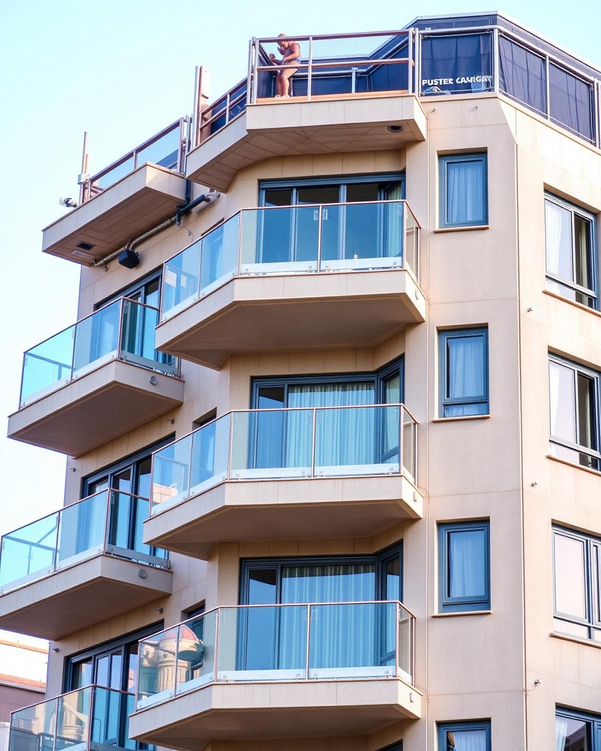 Edificio con balcones de vidrio y ventanería de aluminio