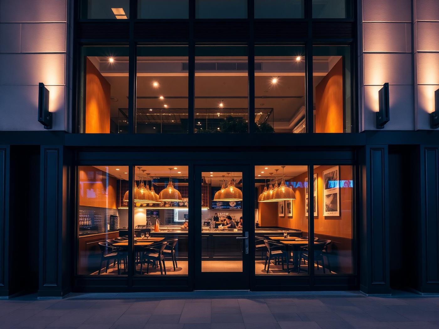 Fachada acristalada de restaurante con aluminio negro