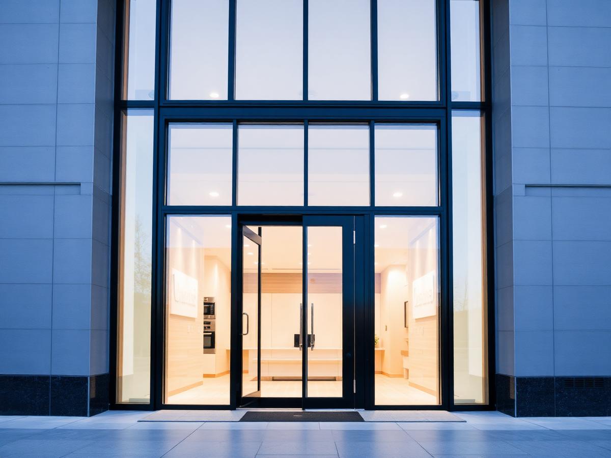 Puerta de aluminio y cristal en acceso de edificio corporativo